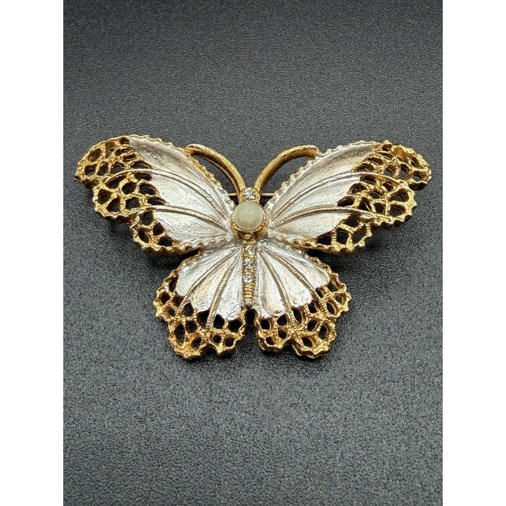 Vintage BSK Gold Silver Faux Pearl Tone Filigree‎ White Enamel Butterfly Brooch